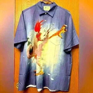 Royaura Hawaiian Shirt Mens L Funny Kung Foo Rooster Short Sleeve Button - Blue